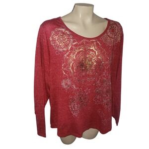 Style Co Womens Red Mandala Print Long Sleeve Scoop Neck Tunic Top Plus size XXL